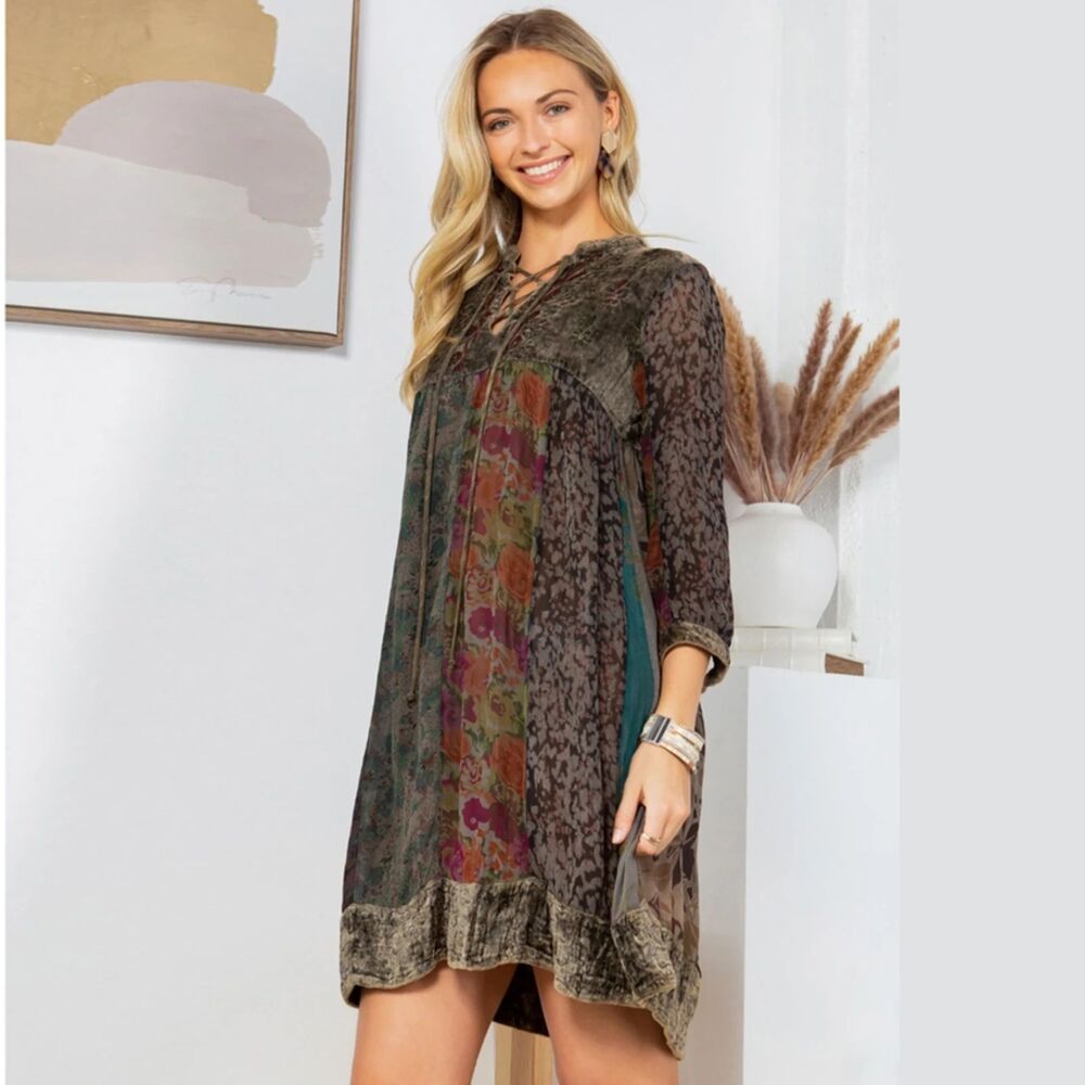 Young Threads Chic Bohemian Stone-Washed Babydoll Dress in Gravel Size S